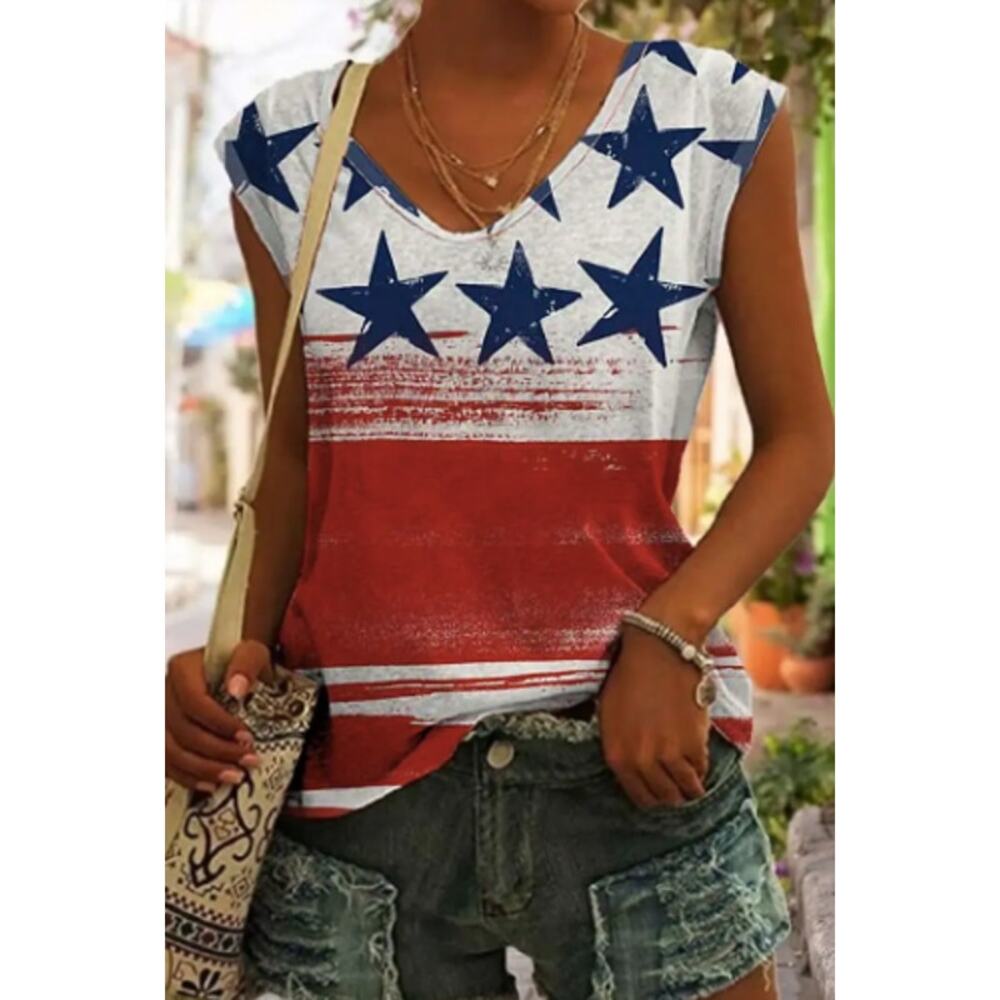 NWT Women's Flamingals American Flag Print V Neck Tank Top